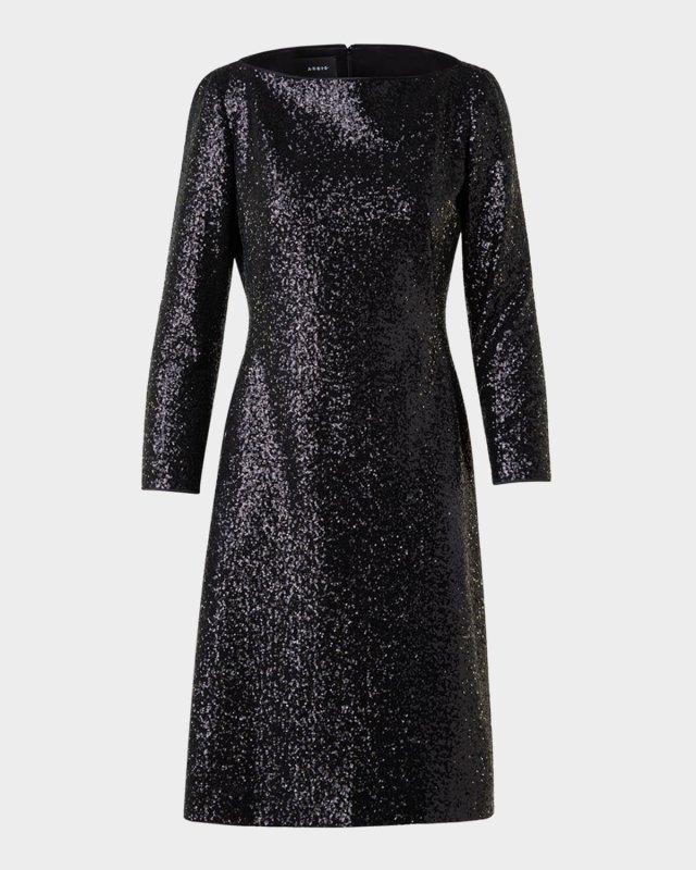 High-Neck Sequin Jersey Long-Sleeve Dress